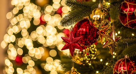 Beautiful close-up of Christmas ornaments hanging on a tree, with bokeh lights in the background