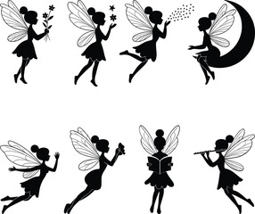 Collection of black silhouette fairies with wings in various poses fairy white