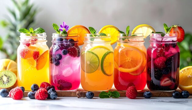Colorful Refreshing Summer Drinks in Mason Jars with Fresh Fruits and Berries.