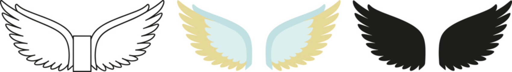 Stylized Small Wings Icon Set - Outline, Color, and Silhouette Vector