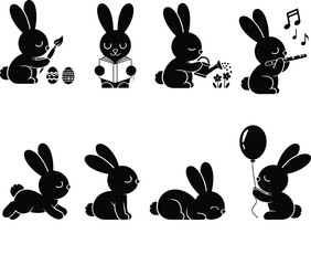 Eight black bunny rabbit silhouettes engaged in various activities white background