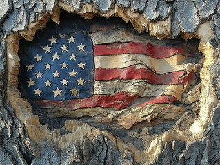 A Patriotic Carving of the U.S. Flag in a Tree Trunk, Symbolizing Roots