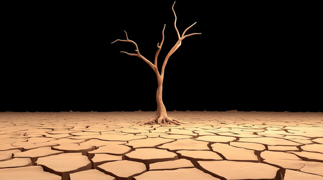 Lone tree barren desert cracked ground dry landscape climate change concept