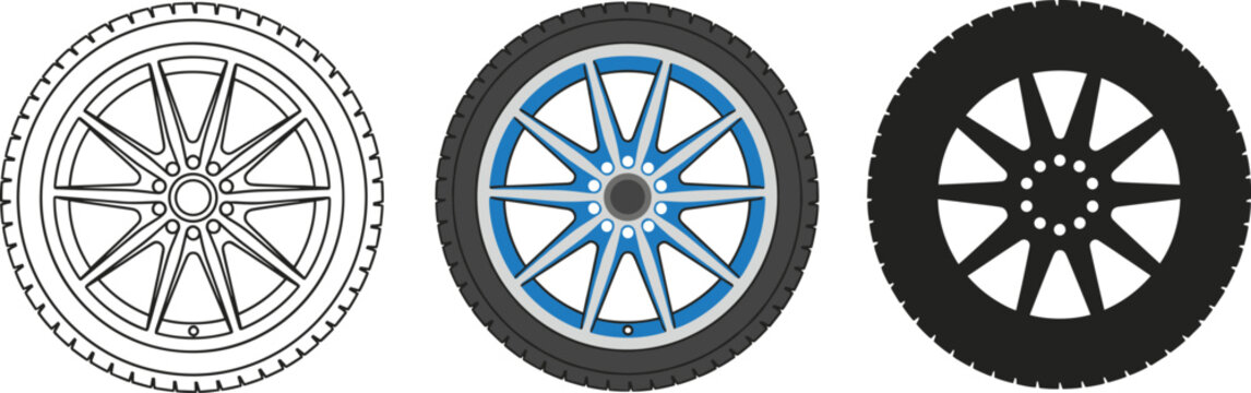 Custom Car Wheel with Tire Icon Set - Outline, Color, and Silhouette Vector