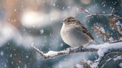 A bird sitting on a branch in the snow
