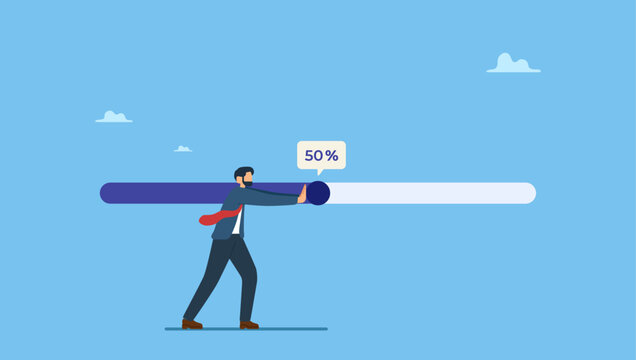 Businessman try hard to push working progress bar to finish in deadline. Working project progress, effort to finish work or achieve business success, accomplishment, ambition or career challenge.