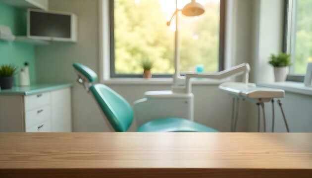 A dental office setup with a table, chair, and window, set against a blue and white background, highlighting children's dental care