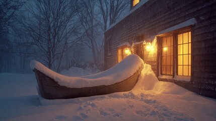 A boat is covered in snow outside a cabin