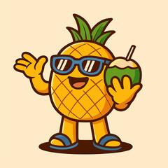 Happy pineapple cartoon mascot with coconut.