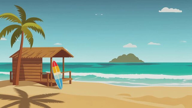 Quiet Tropical Bay with Surf Hut &ndash; 2.5D Cartoon