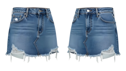 Two identical blue denim mini skirts featuring distressed, frayed hems are displayed against a black background.