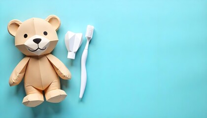A teddy bear with a toothbrush and toothpaste on a blue background, promoting children's dental health and oral hygiene