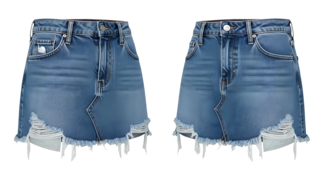 Two identical blue denim mini skirts featuring distressed, frayed hems are displayed against a black background.