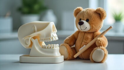 A teddy bear in front of a dental chair highlights pediatric dentistry and encourages kids' oral hygiene awareness