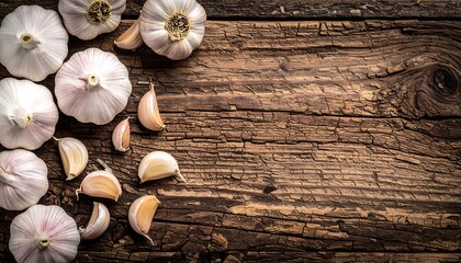 Fresh Garlic Bulbs and Cloves on a Rustic Wooden Background.