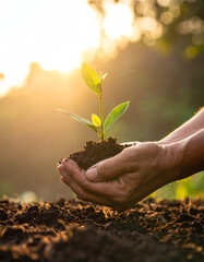 Hands planting small seedlings in fertile soil