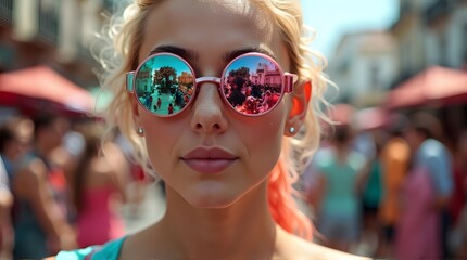 Blonde Woman in Pink Mirrored Sunglasses Reflecting a Vibrant Street Festival Scene