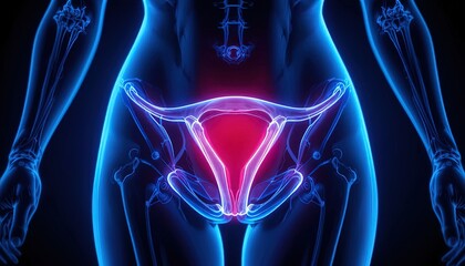 Radiant uterine health illustration for medical research, educational materials, or healthcare marketing, with vibrant blue and red glow for emphasis