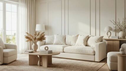 Elegant living room interior with neutral tones and modern decor - Powered by Adobe