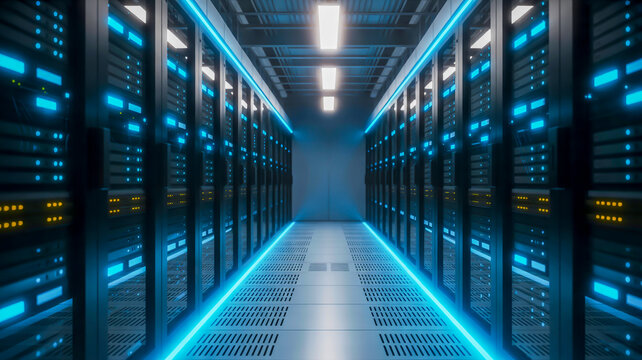 Futuristic server room with glowing blue lights data center