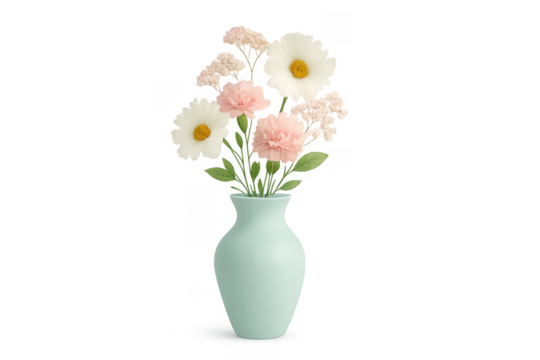 Pastel floral bouquet in turquoise vase on transparent background