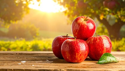 Fresh Red Apples on Rustic Wooden Table in Sunny Orchard.