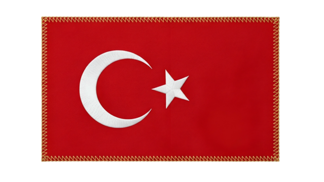 Rectangular national emblem featuring a white crescent and star prominently displayed on a solid red field with stitched border