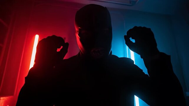 Silhouette of Man in Mask Neon Lights Crime Scene