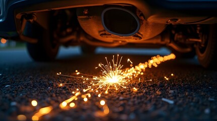 Car Exhaust Sparks on Asphalt: Automotive Repair Scene with Bright Light Effects