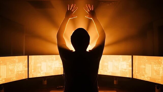 Gamer Success Silhouette Arms Raised Multi Monitor Setup