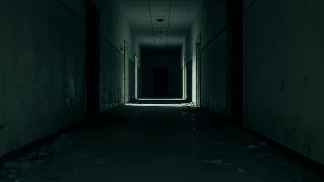 Spooky ghost figure walking in dark abandoned hallway. 4K Video