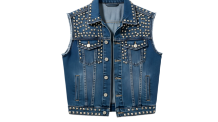 Denim vest adorned with numerous metallic studs and buttons presented against a dark backdrop