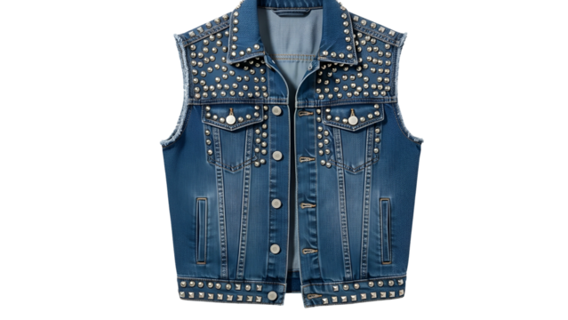 Denim vest adorned with numerous metallic studs and buttons presented against a dark backdrop