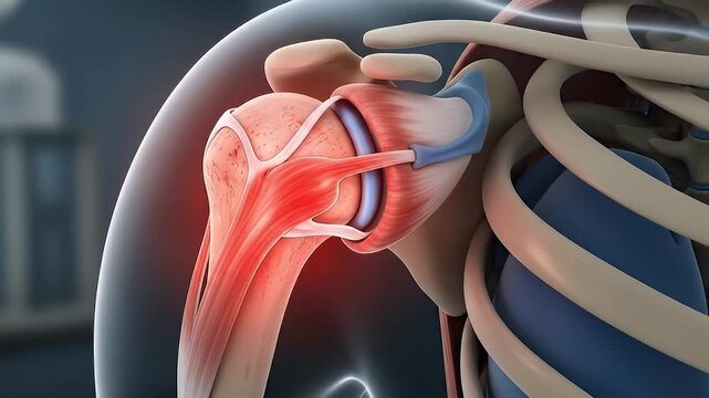 3D anatomical illustration of painful shoulder joint and rotator cuff injury