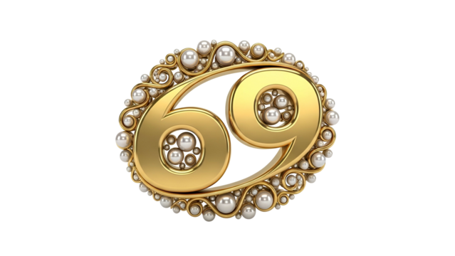 Ornate golden number sixty nine symbol embellished with luminous pearls against a dark backdrop