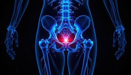 Stunning 3D rendering of human pelvis anatomy with vibrant blue skeletal structure and a glowing red focal point for medical visualization projects
