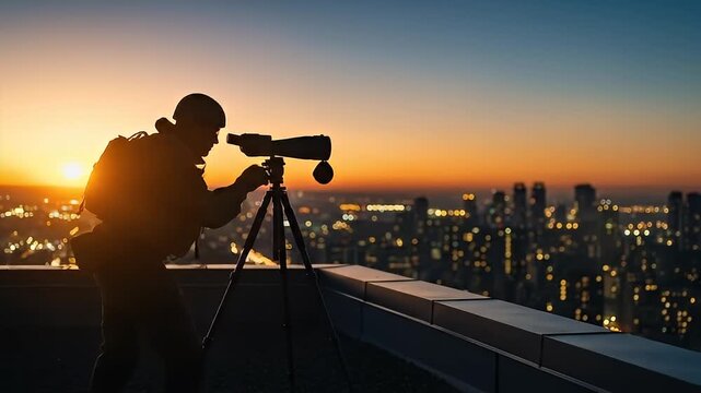 Man observing city with sniper scope from rooftop. 4K Video