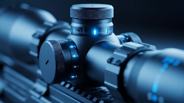 High tech illuminated sniper rifle scope close up details