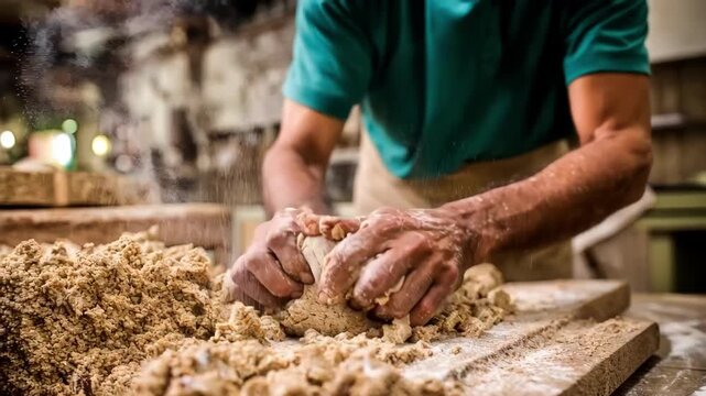 Medium shot of hands mixing a hard rubber compound on a workbench showcasing the dense texture used for durable retread tires.