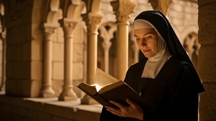 Nun Reading Sacred Text in Monastery Cloister