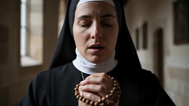 Devout Catholic Nun Praying Holding Rosary Beads Inside Monastery Corridor