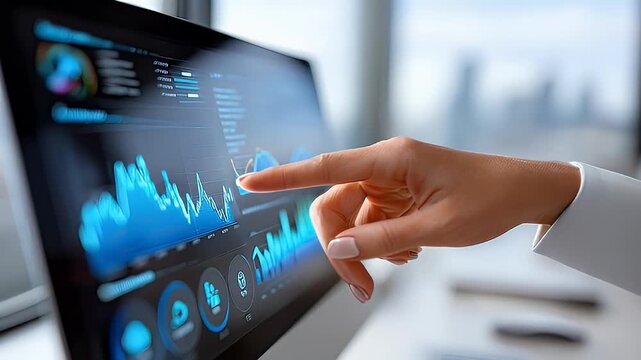 Data analysis interface with hand pointing at a chart