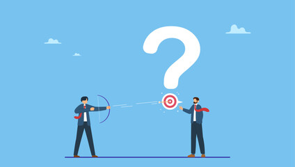 Curios businessman asking good question with target for other to shoot answer. Ask good question, communicate to solve problem, smart question to get best answer, knowledge or learning.