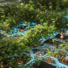 Futuristic digital circuit board intertwined with lush green plants symbolizing the harmony between technology and nature