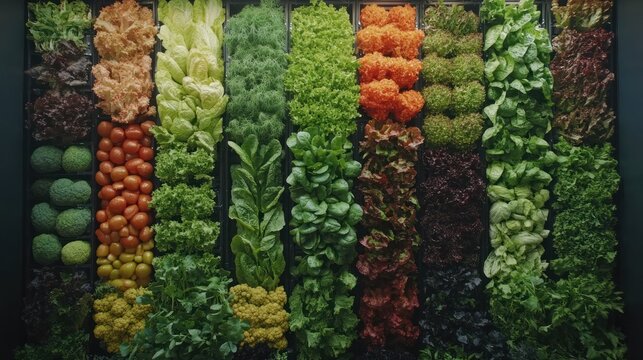 Fresh produce wall display in rows
