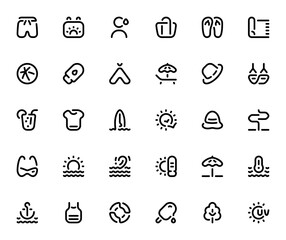 Summer icon set. Vector illustration. Minimal line ions pack featuring swimsui, beach, sunscreen, surfbord, sunglasses, sunset, waes and more summer symbols