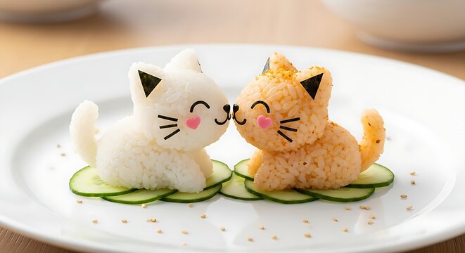 Cute toasted bread shaped like cat couple with smiling faces, soft lighting, creative food art, breakfast snack theme.
