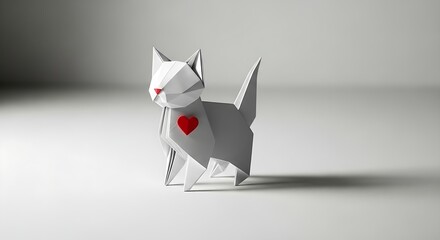 Minimal origami paper cat sculpture with red heart, soft grey background, clean lighting, artistic craft design, modern simplicity style.
