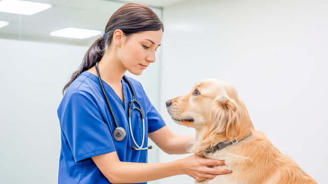 Veterinarian examining a golden retriever dog animal