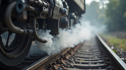 Close-up of a train wheel emitting white steam on railway tracks
